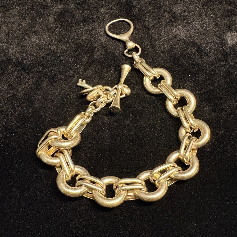 Fossil Vintage Silver Tone Chunky Link Charm Bracelet Heart Key Trumpet Toggle